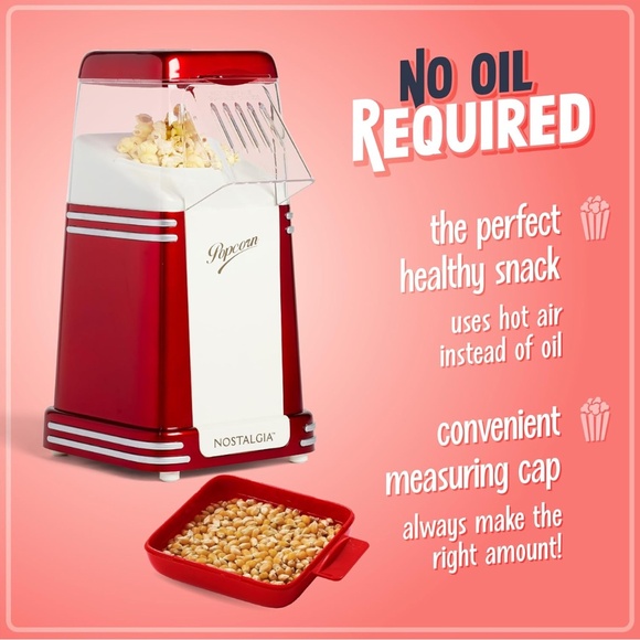 Nostalgia Hot-Air Popcorn Maker, 8 Cups | Retro Red | Oil-Free - Picture 6 of 6